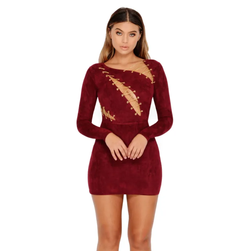 Don't Cut Corners Suede Cut Out Mini Dress in Wine made by Oh Polly