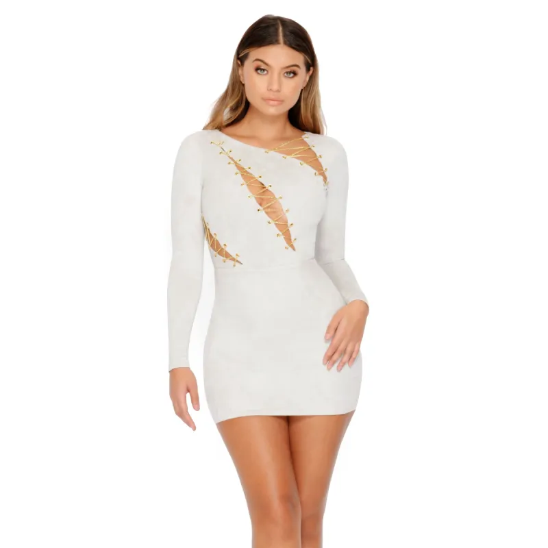 Don't Cut Corners Suede Cut Out Mini Dress in Pale Grey made by Oh Polly