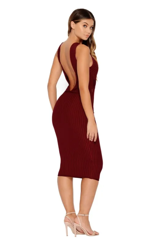 Flame Of The Game Bandage Midi Dress in Burgundy sold by Oh Polly