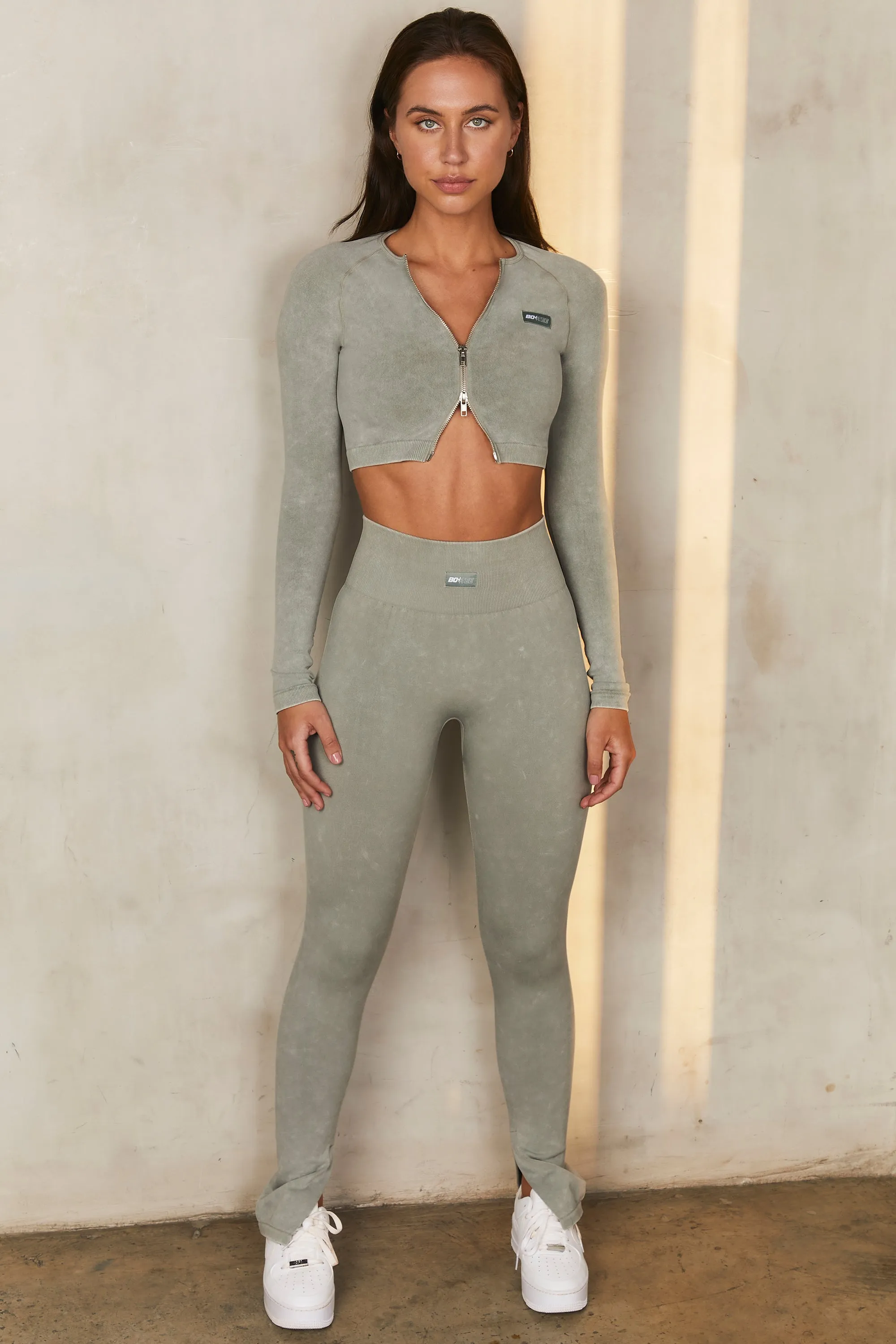 Seamless Acid Wash Zip Crop Top in Sage sold by Oh Polly product image thumbnail 2