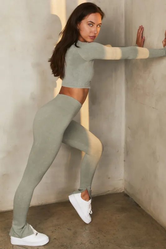 Seamless Acid Wash Zip Crop Top in Sage sold by Oh Polly