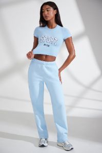 Petite Wide Leg Embroidered Back Joggers in Baby Blue sold by Oh Polly