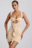 Slinky Jersey Cut-Out Ruffle-Trim Mini Dress in Buttercream sold by Oh Polly