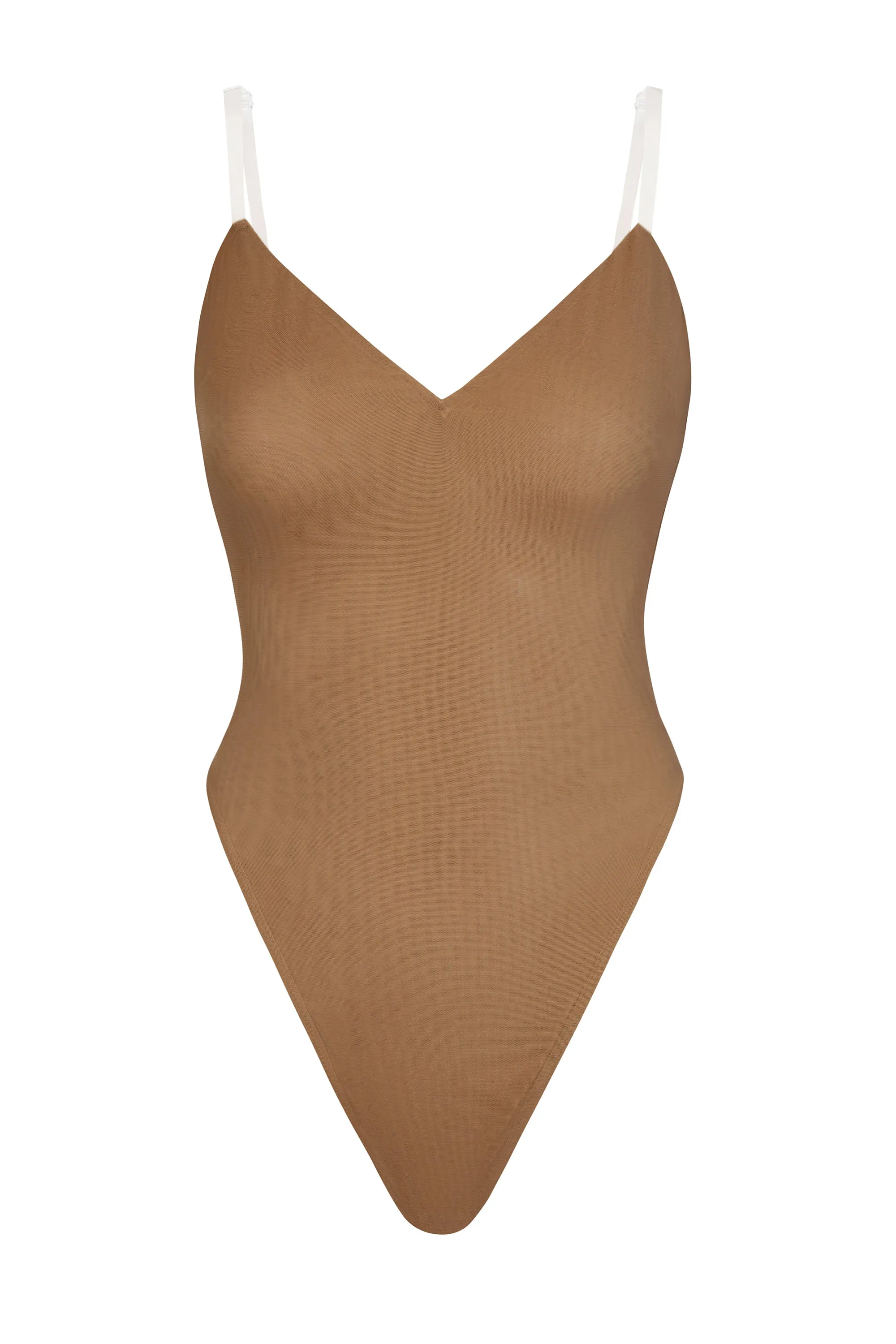 Soft Mesh V-Neck Bodysuit in Almond sold by Oh Polly