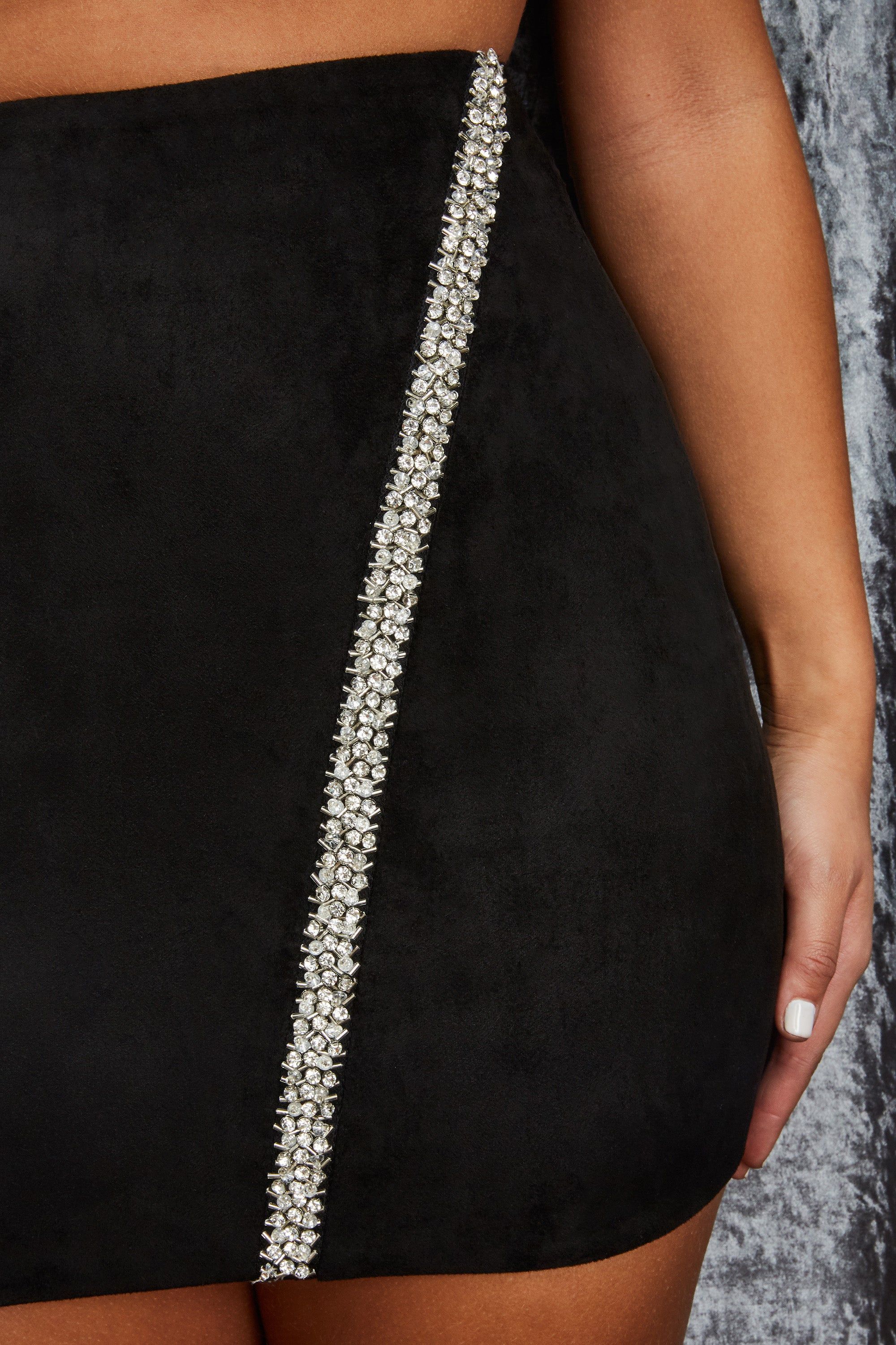 Time To Shine Embellished Suede Mini Skirt in Black sold by Oh Polly product image thumbnail 5