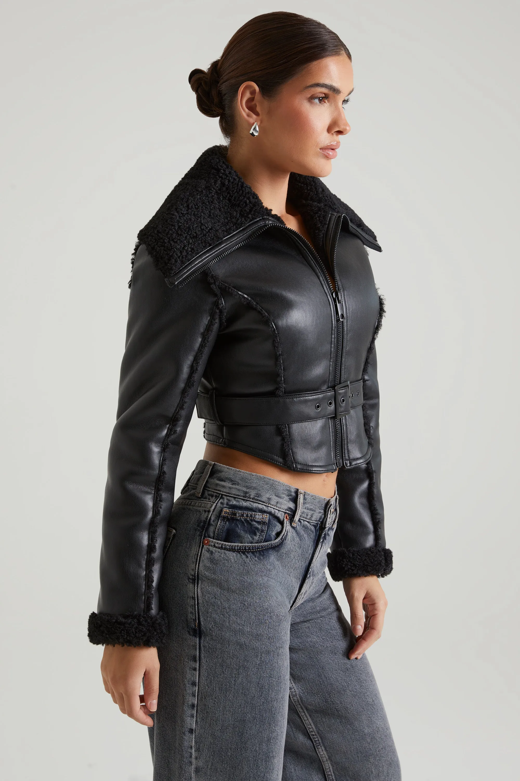 Jacket with Shearling Collar and Trim in Black sold by Oh Polly product image thumbnail 3
