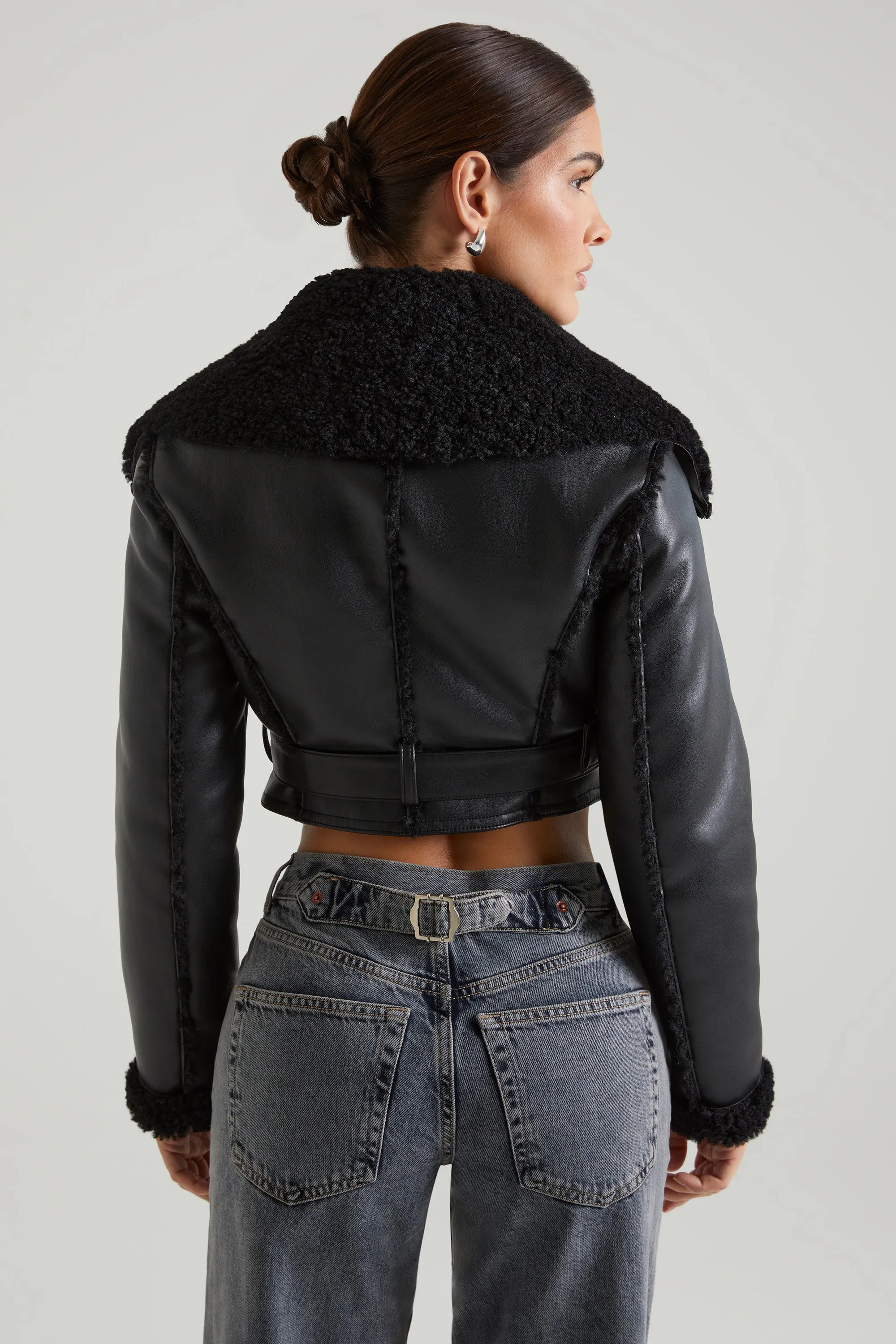 Jacket with Shearling Collar and Trim in Black sold by Oh Polly product image thumbnail 2