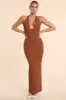 Woven Twill Halter Neck Plunge Maxi Dress in Chestnut Brown sold by Oh Polly