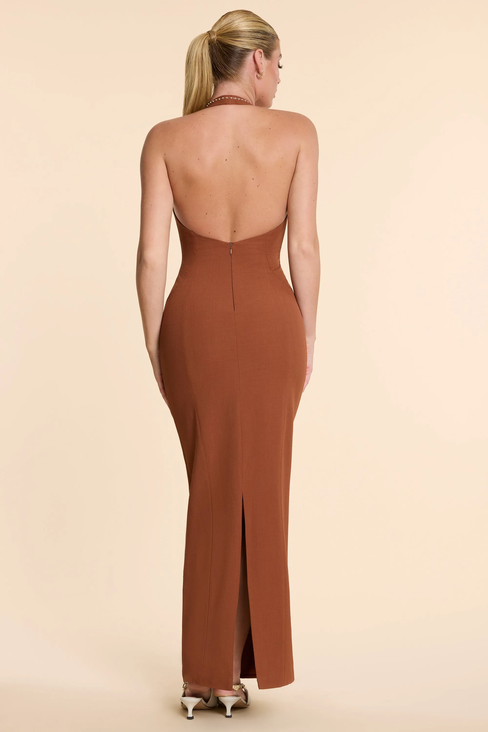 Woven Twill Halter Neck Plunge Maxi Dress in Chestnut Brown sold by Oh Polly product image thumbnail 2