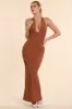 Woven Twill Halter Neck Plunge Maxi Dress in Chestnut Brown sold by Oh Polly