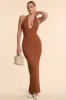 Woven Twill Halter Neck Plunge Maxi Dress in Chestnut Brown sold by Oh Polly