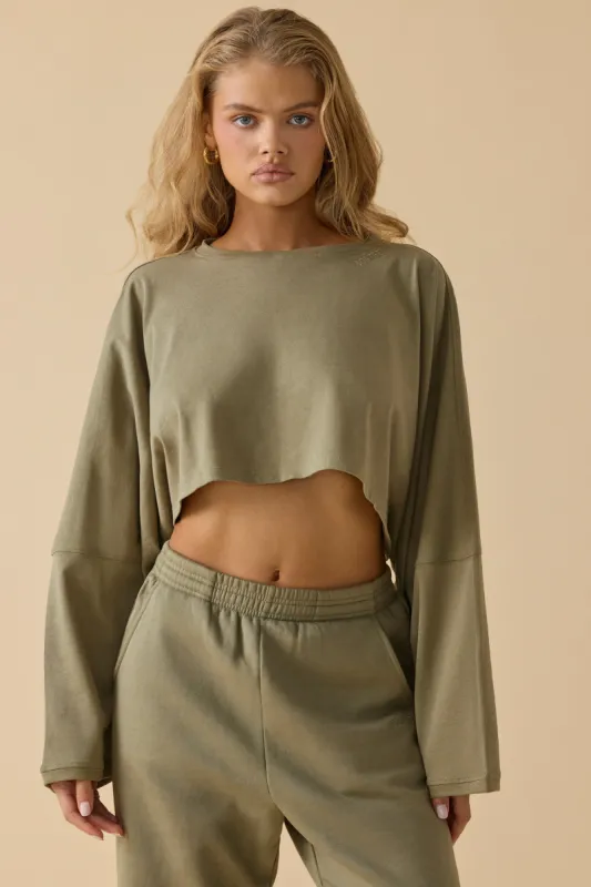 Oversized Long Sleeve Crop Top in Soft Olive sold by Oh Polly