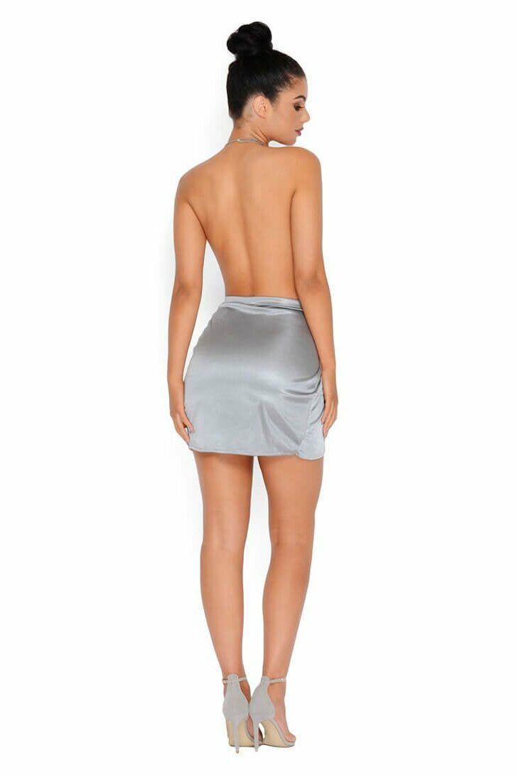 Holy Wrap Satin Wrap Mini Dress in Grey sold by Oh Polly product image thumbnail 4
