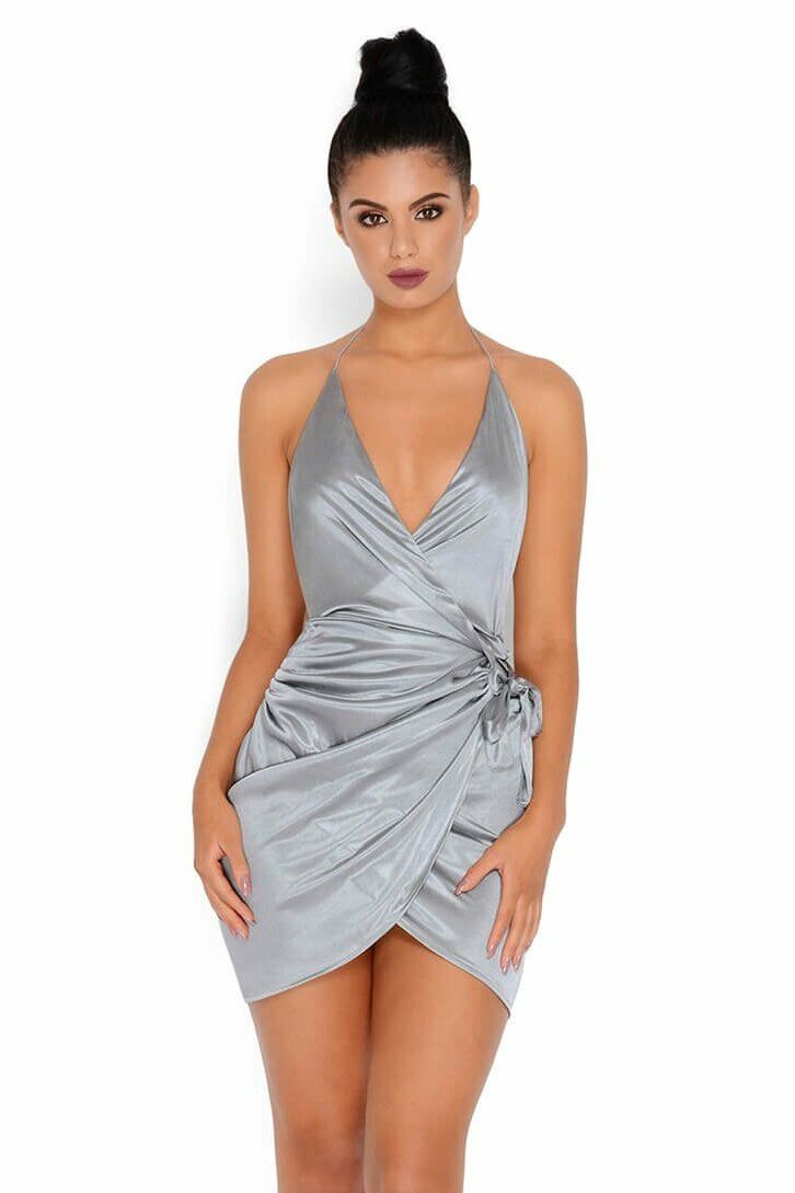Holy Wrap Satin Wrap Mini Dress in Grey sold by Oh Polly product image thumbnail 3