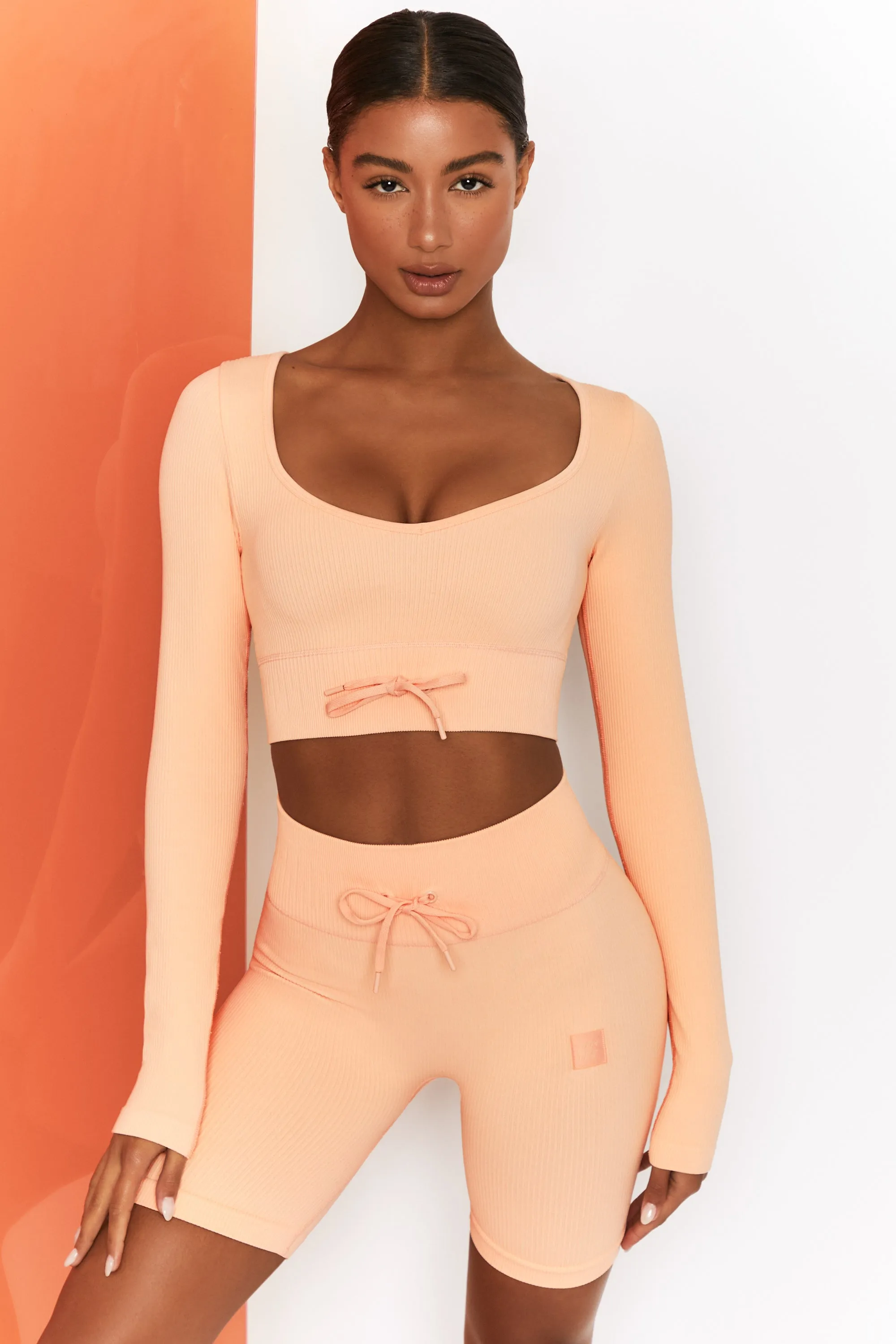 Time Check Ribbed Long Sleeve Crop Top in Peach sold by Oh Polly product image thumbnail 5