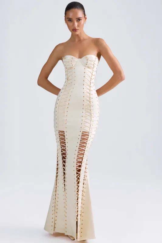 Lace-Up Corset Gown in Ivory sold by Oh Polly