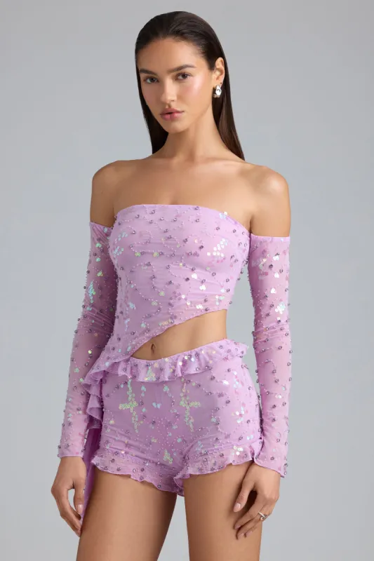 Ruched Ruffle Asymmetric Top in Violet Pink sold by Oh Polly