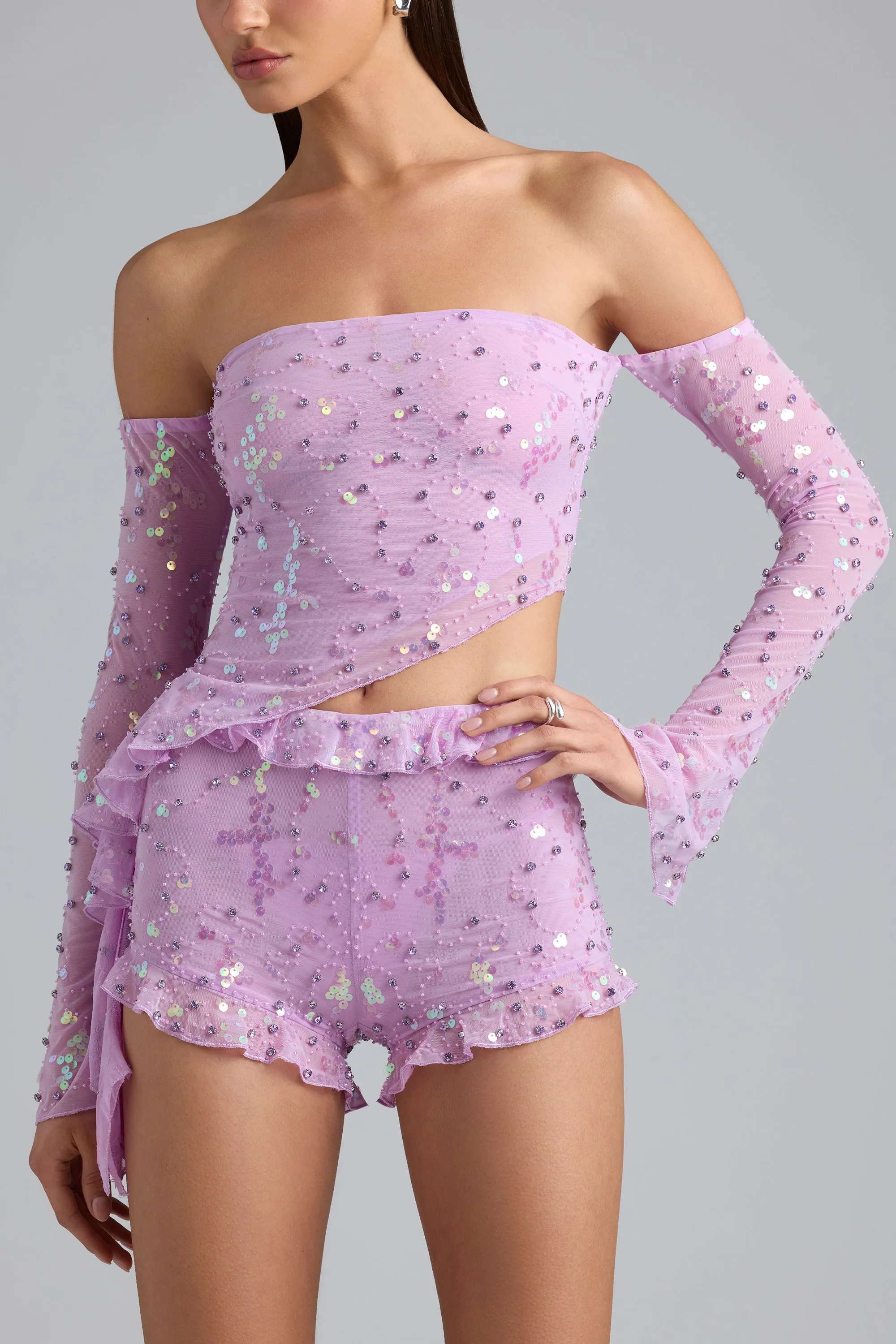 Ruched Ruffle Asymmetric Top in Violet Pink sold by Oh Polly product image thumbnail 5