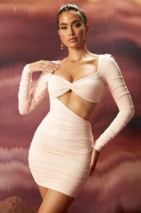 Long Sleeve Cut Out Mini Dress in Blush sold by Oh Polly