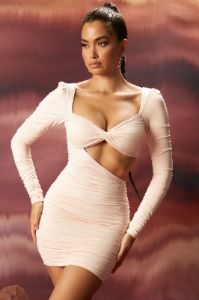 Long Sleeve Cut Out Mini Dress in Blush sold by Oh Polly