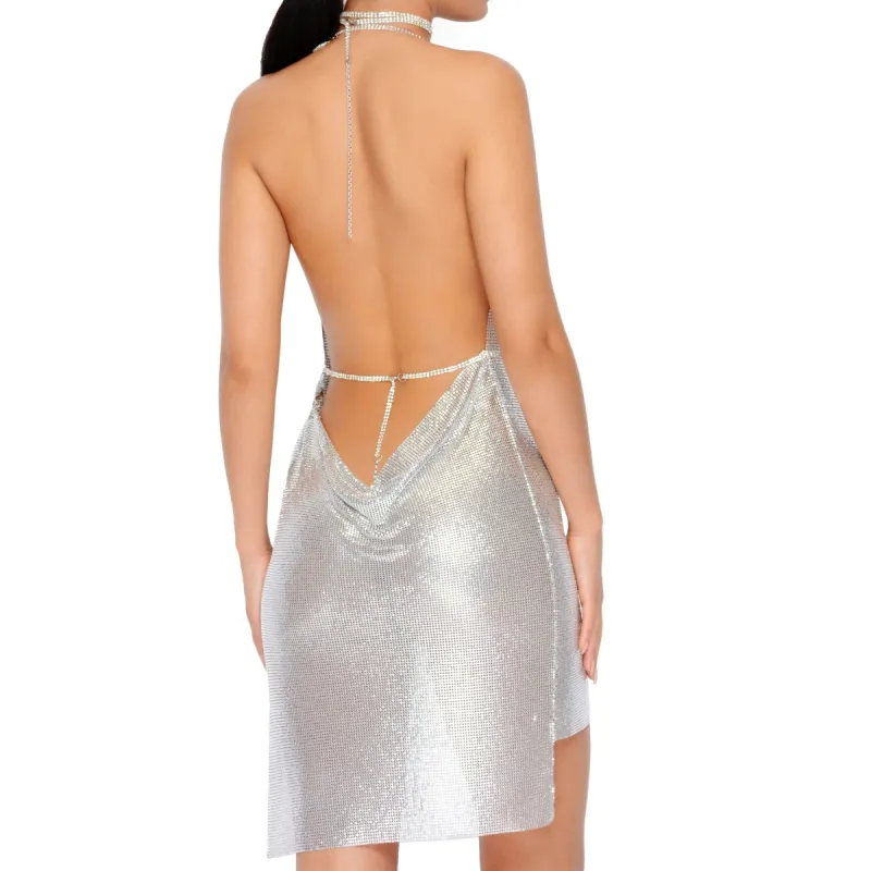 Light It Up Cowl Neck Chainmail Mini Dress in Silver sold by Oh Polly
