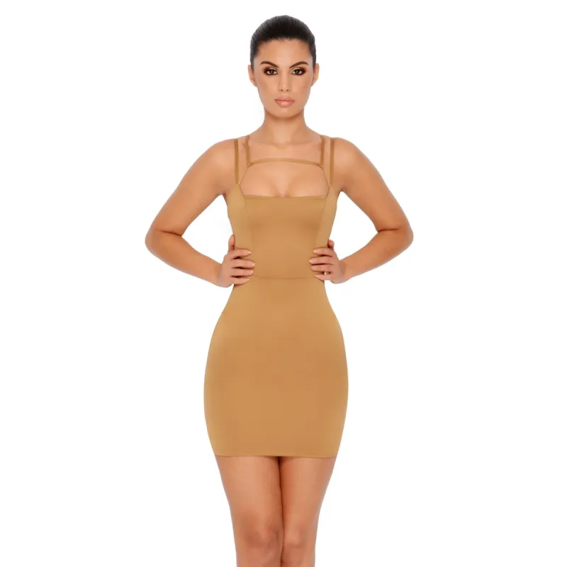 Run The Show Cut Out Satin Mini Dress in Bronze made by Oh Polly