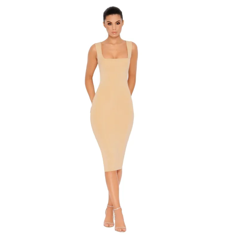 Hip To Be Square Double Layered Midi Dress in Beige made by Oh Polly