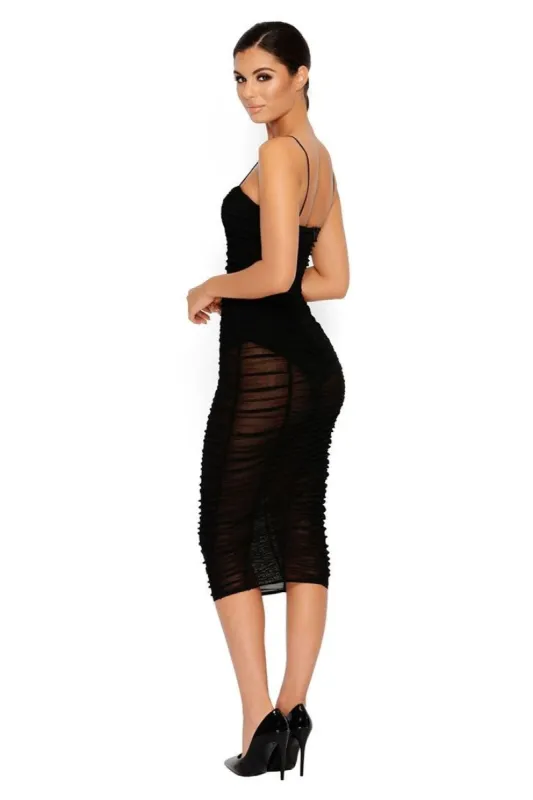 Sheer All About It Strappy Ruched Midi Dress in Black sold by Oh Polly