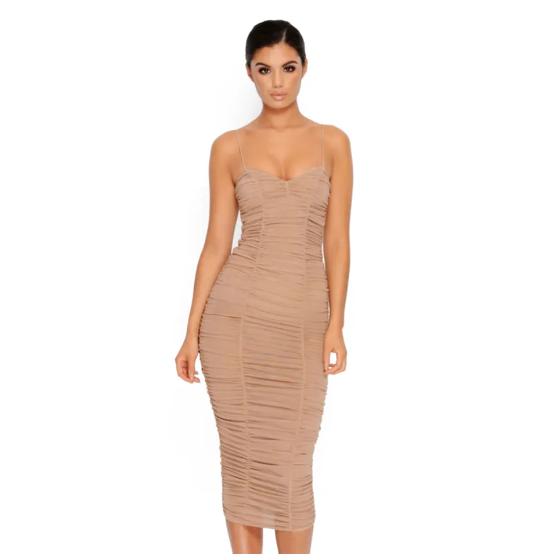 Sheer All About It Strappy Ruched Midi Dress in Coffee sold by Oh Polly