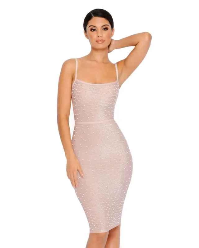 Bead To Know Embellished Midi Dress in Nude sold by Oh Polly