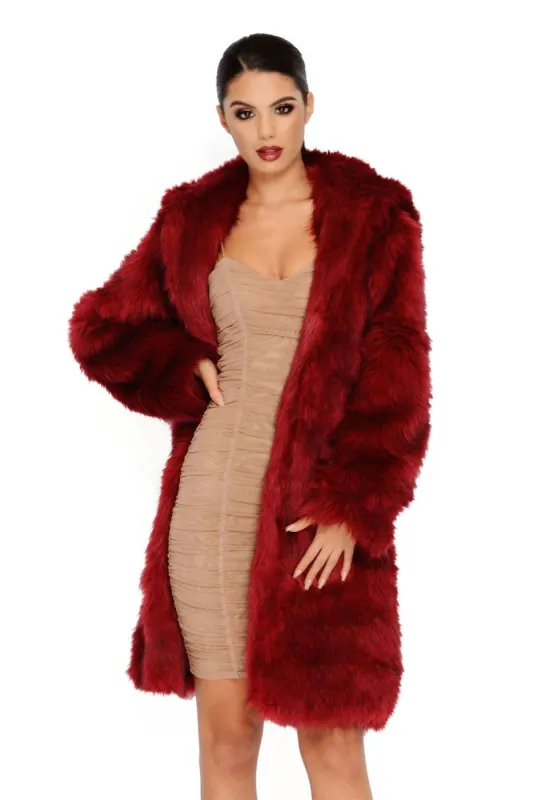 All Good In The Hood Faux Fur Coat in Wine sold by Oh Polly