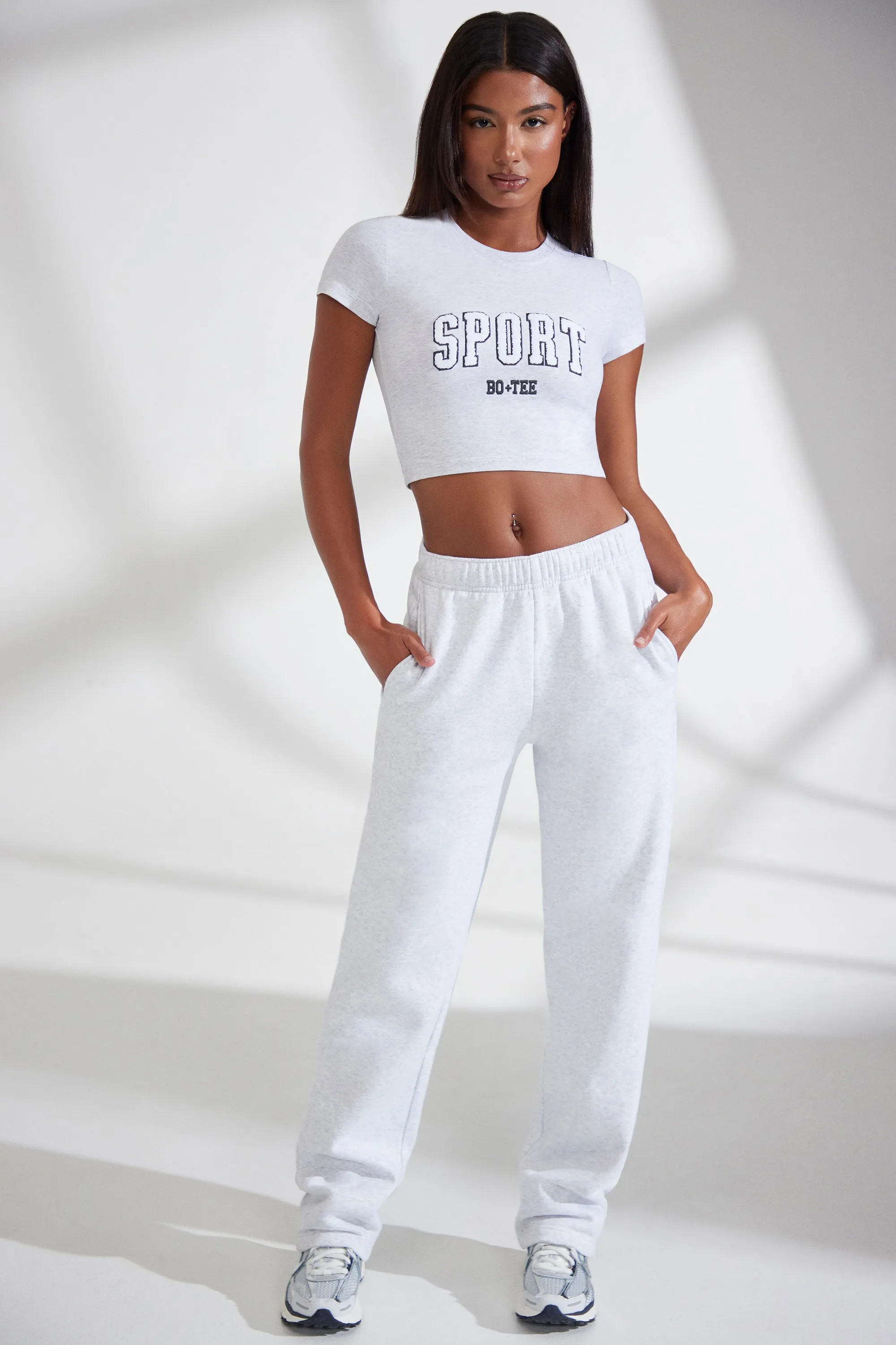 Wide Leg Embroidered Back Joggers in Heather Grey sold by Oh Polly product image thumbnail 5