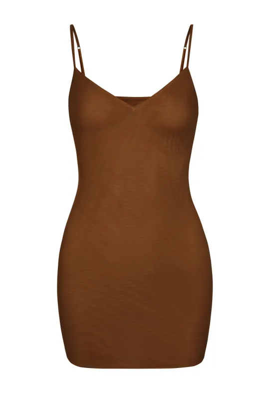Soft Mesh V-Neck Mini Slip Dress in Chestnut sold by Oh Polly