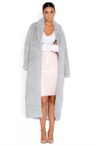 Fur Of Surprises Faux Fur Longline Coat in Grey sold by Oh Polly