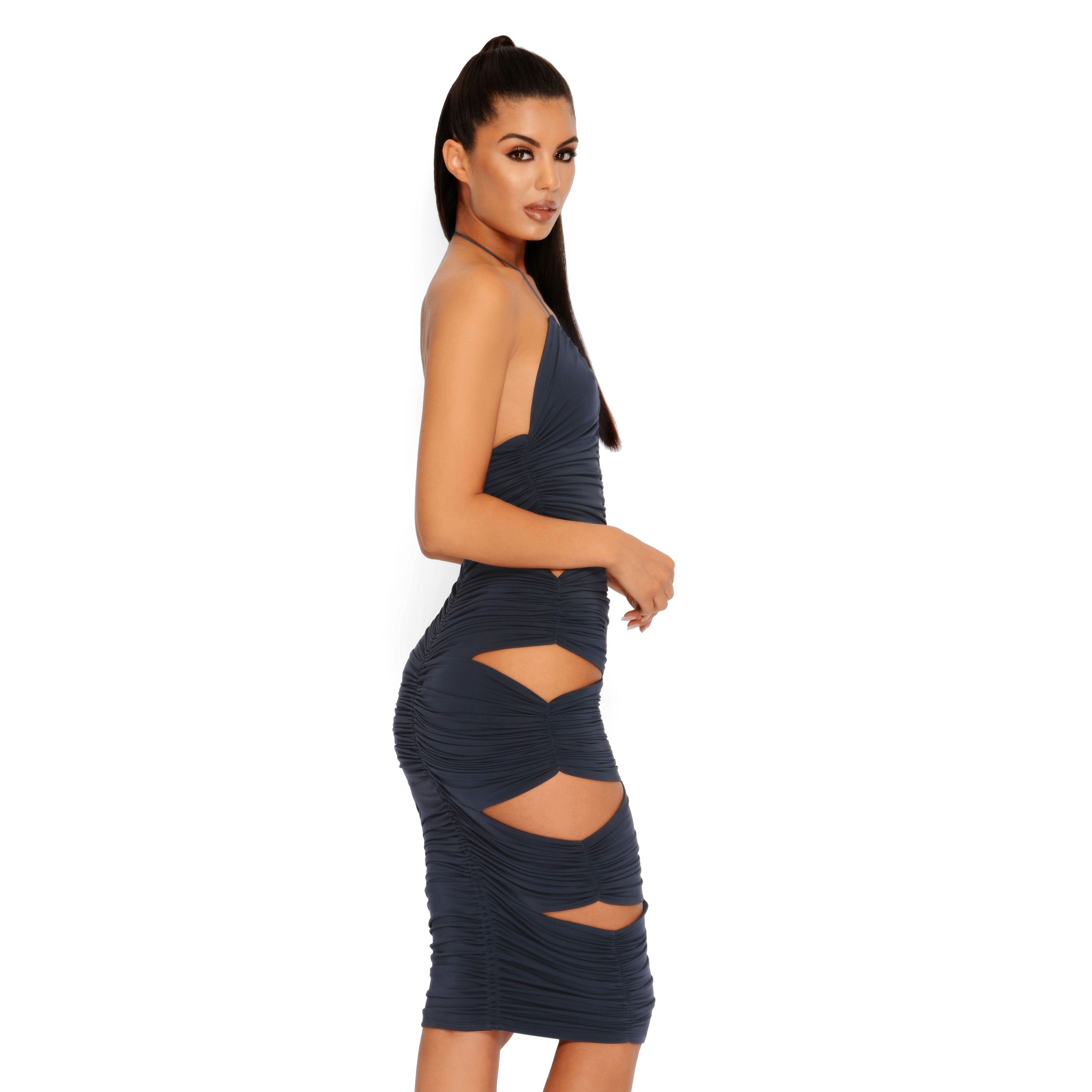 Side Piece Ruched Cut Out Midi Dress in Grey sold by Oh Polly