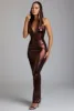 Hooded Metallic Jersey Evening Gown in Copper Bronze sold by Oh Polly
