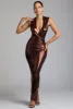 Hooded Metallic Jersey Evening Gown in Copper Bronze sold by Oh Polly