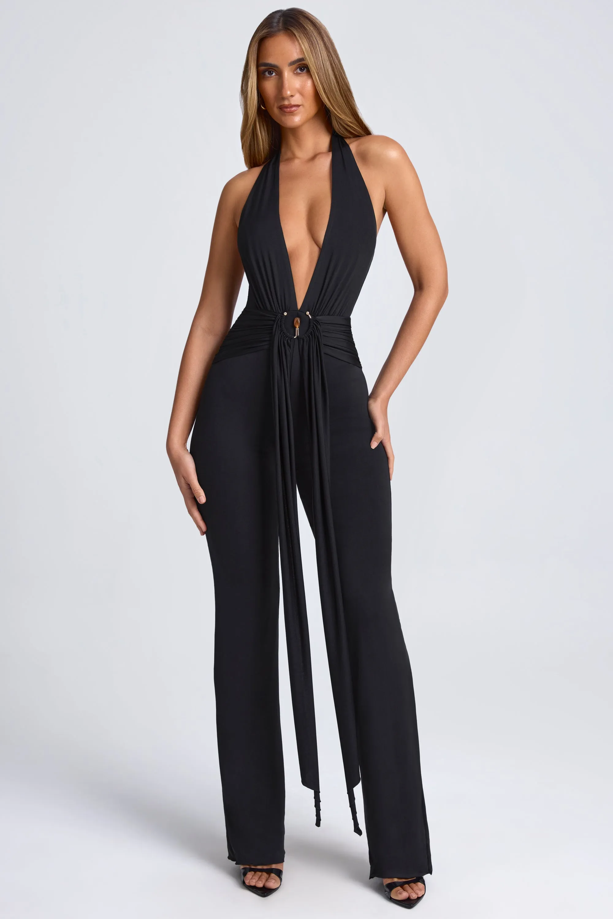 Petite Hardware Detail Plunge Halterneck Jumpsuit in Black sold by Oh Polly product image thumbnail 5