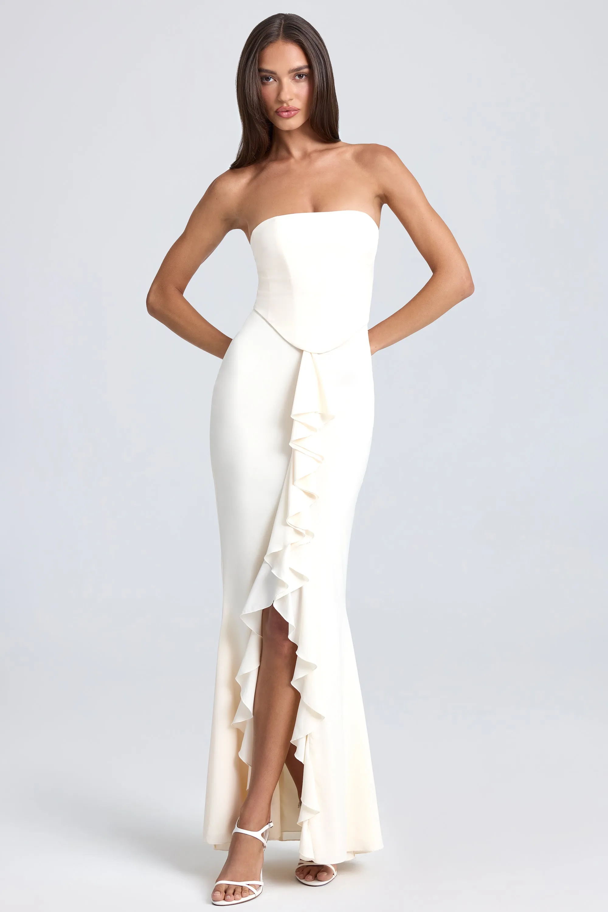 Bandeau Ruffle-Trim Corset Gown in Ivory sold by Oh Polly