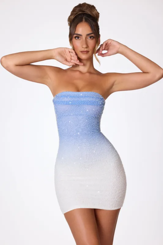 Embellished Strapless Mini Dress in Blue and White Ombré sold by Oh Polly