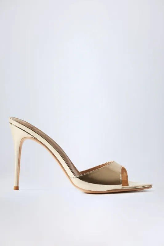 Almond-Toe Heeled Mules in Mirrored Gold sold by Oh Polly