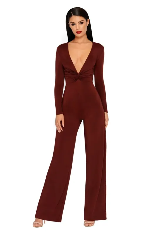 Flow Your Own Way Plunging Wide Leg Jumpsuit in Wine sold by Oh Polly