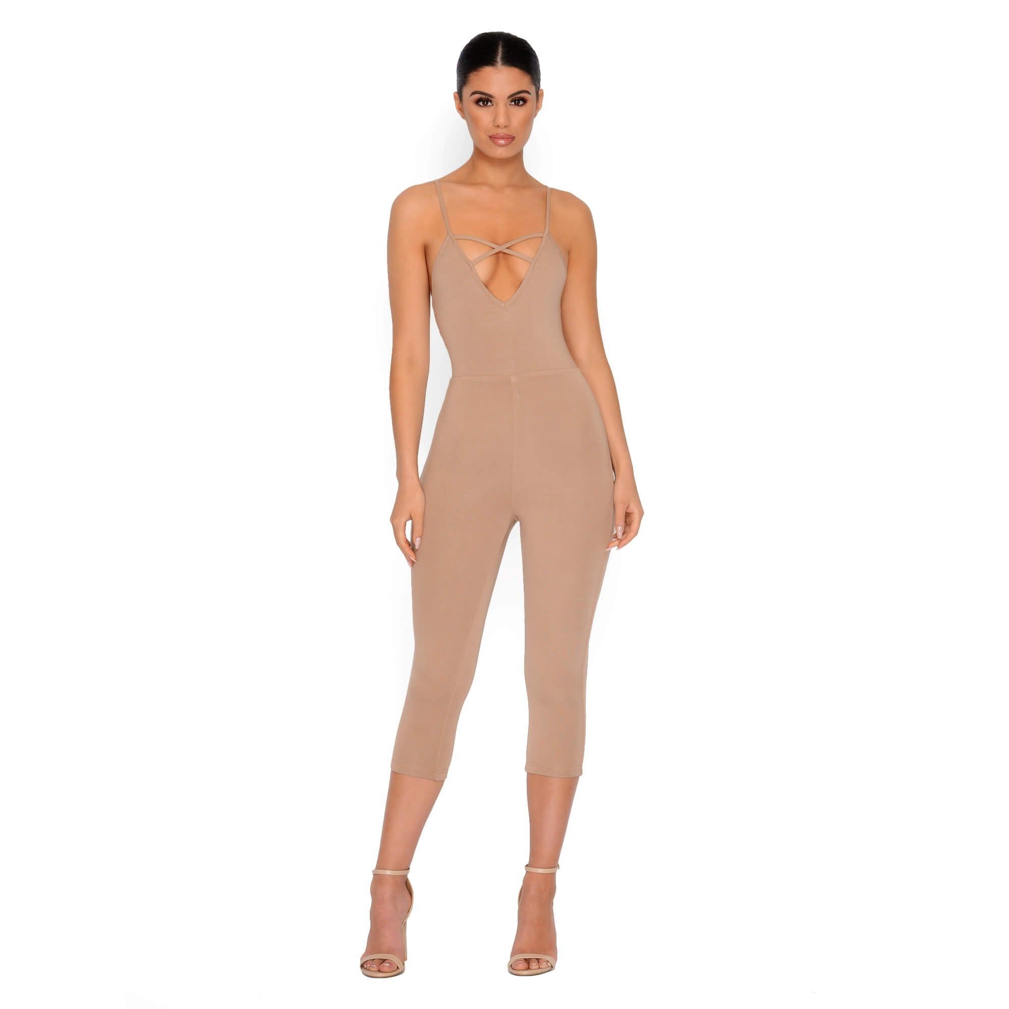 Strap It Together Double Layered Cropped Jumpsuit in Tan sold by Oh Polly product image thumbnail 2