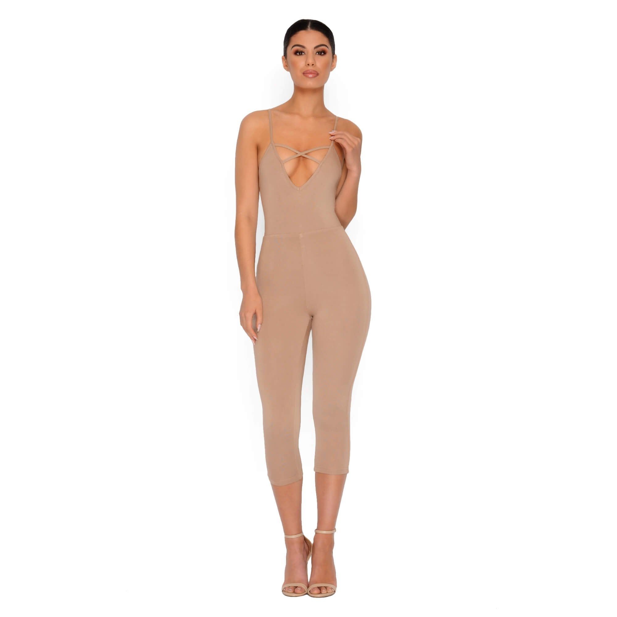 Strap It Together Double Layered Cropped Jumpsuit in Tan sold by Oh Polly