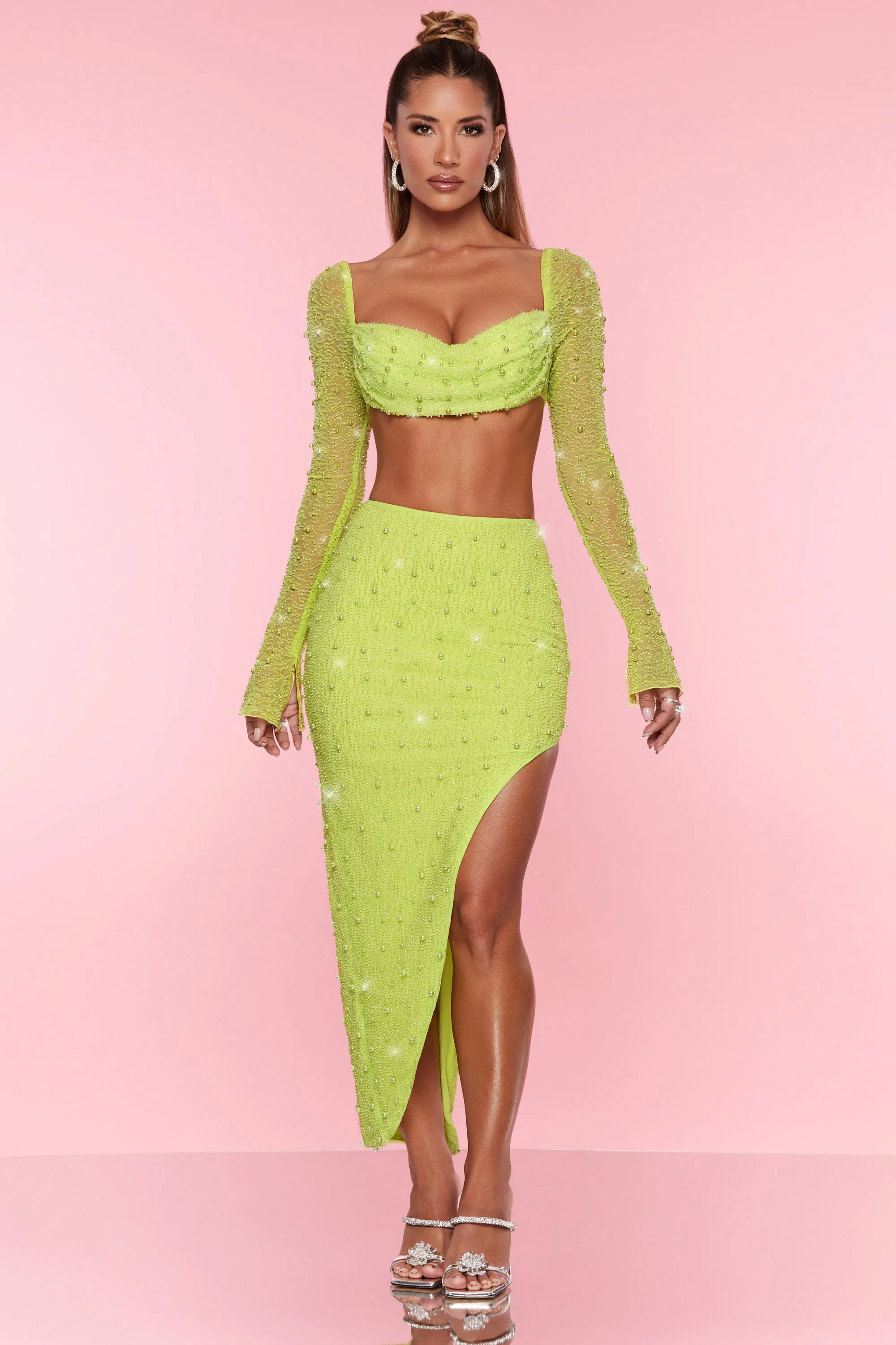 Embellished Maxi Skirt in Lime sold by Oh Polly