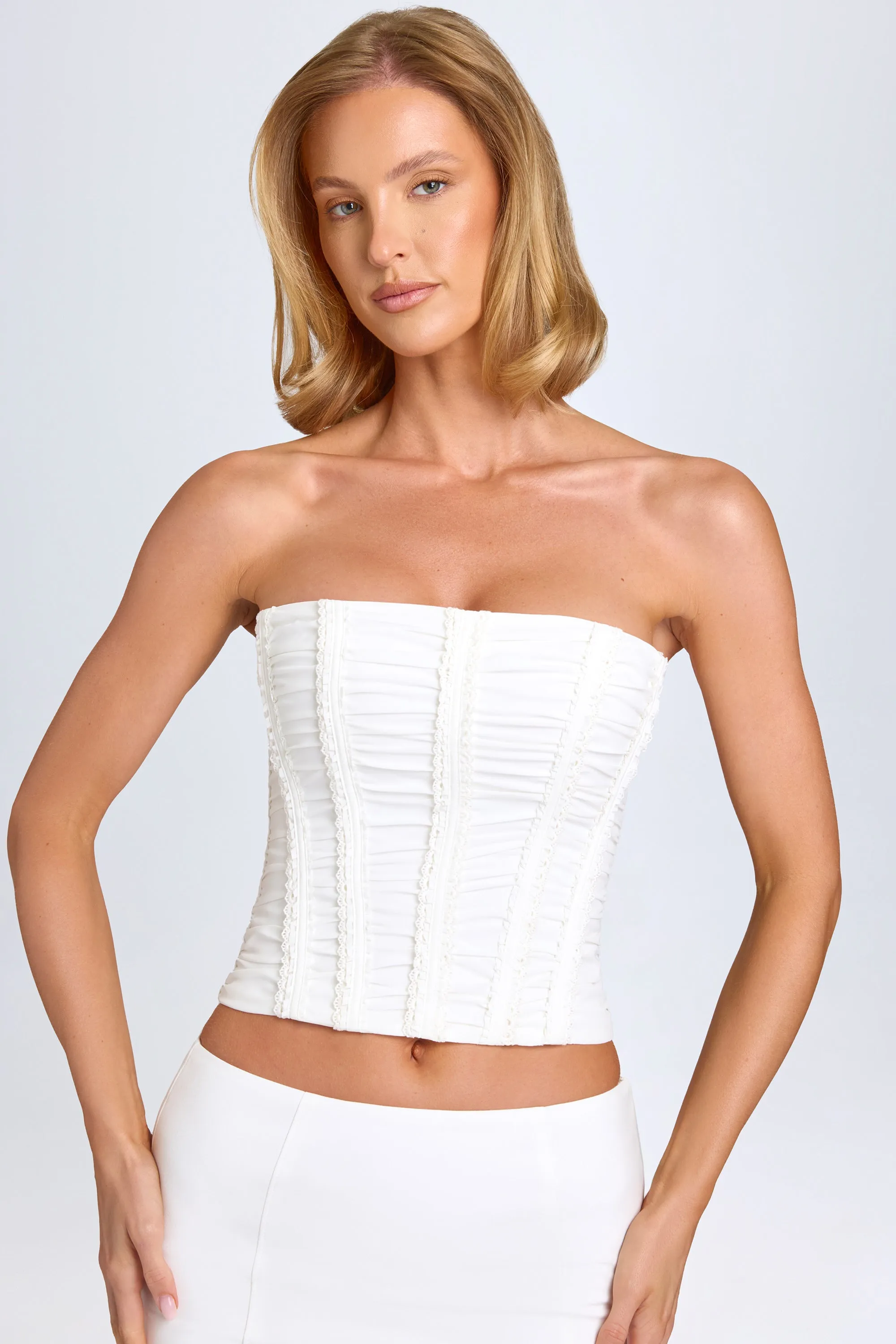 売れ筋商品|||ラッキーブランド カットソー トップス レディース Women's Cotton Ruched Corset Cami Top Bright White Ruched Lace-Up Corset Top in White | Parallel