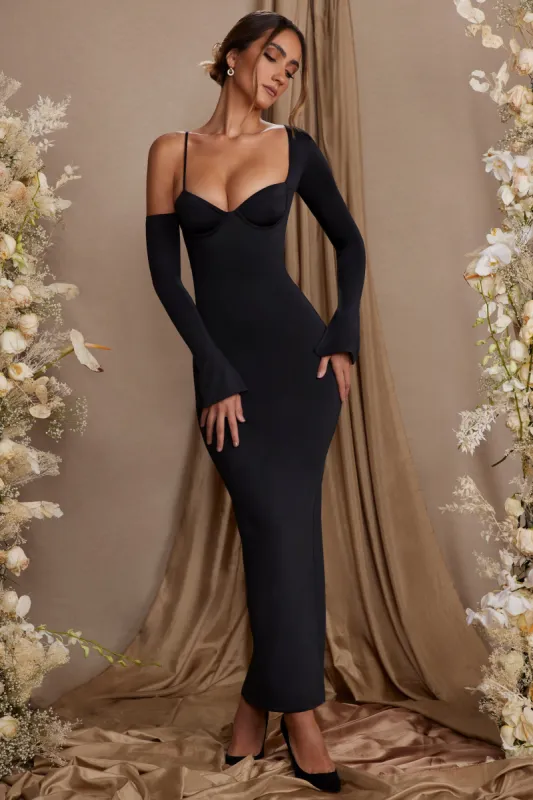 Long Sleeve Off The Shoulder Maxi Dress in Black sold by Oh Polly