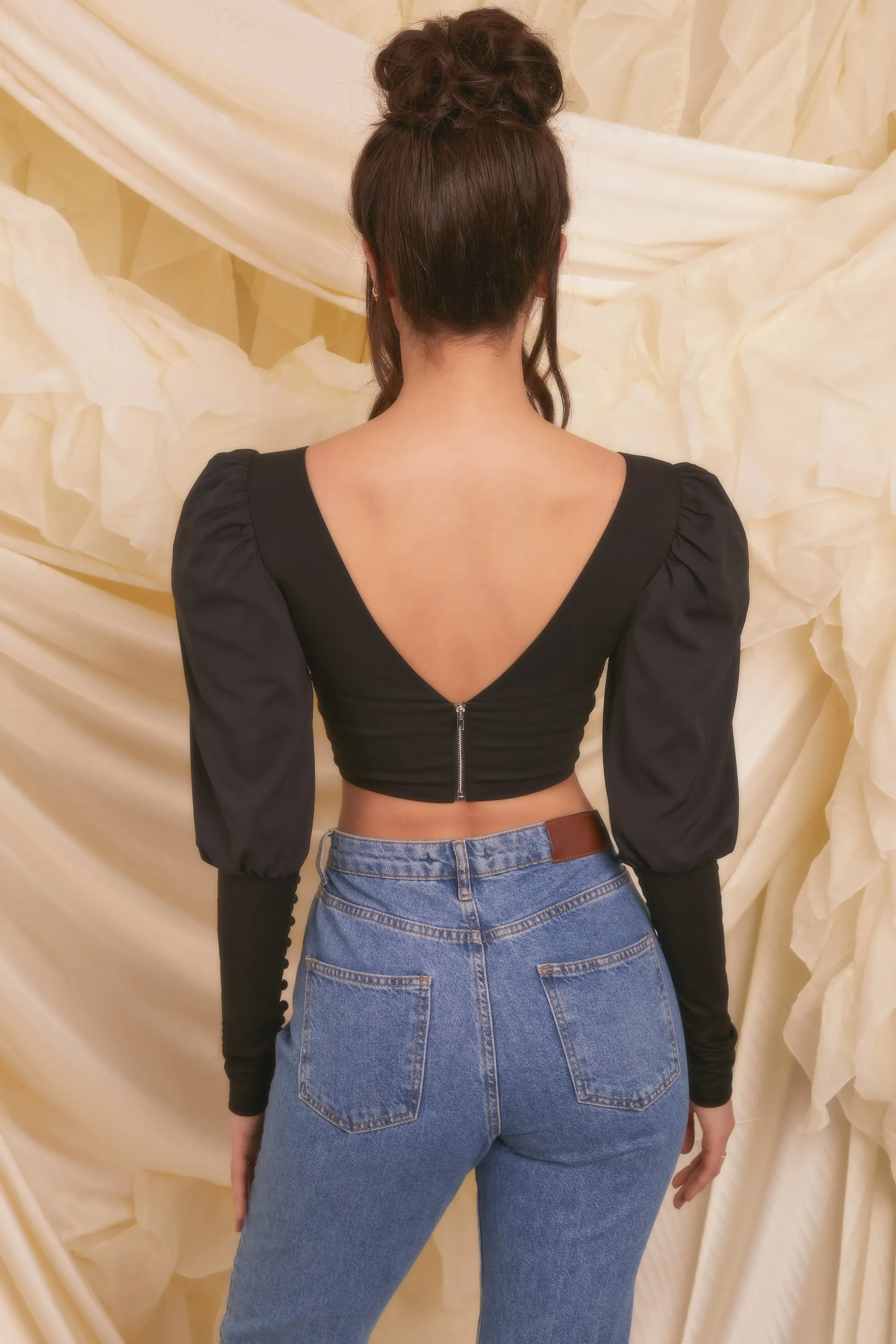 Plunge Neck Puff Sleeve Crop Top in Black sold by Oh Polly product image thumbnail 2