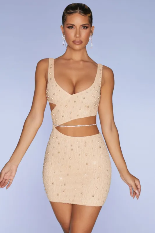 Embellished Cut Out Mini Dress in Sand sold by Oh Polly