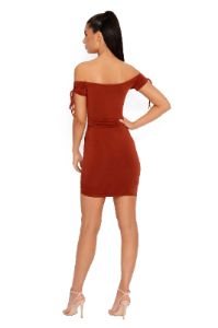 Pull On My Heartstrings Ruched Bardot Mini Dress in Rust sold by Oh Polly